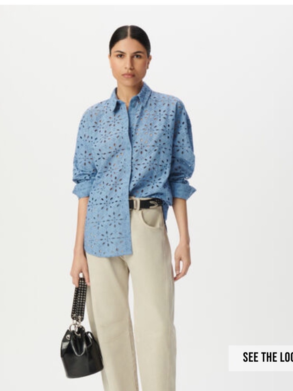 Ikks Women Blue Eyelet Embroidered Shirt Long Sleeve Sz L